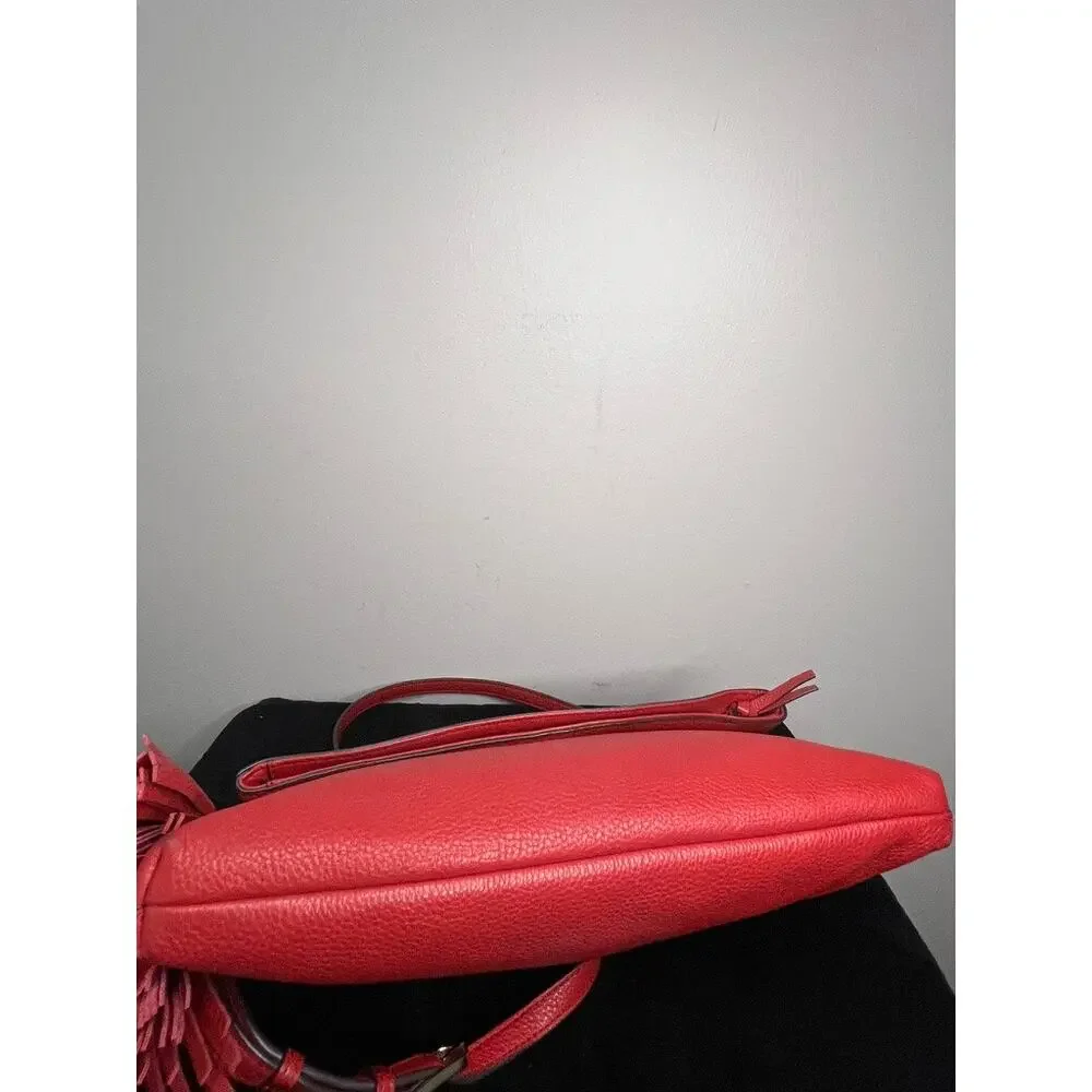 Tory Burch Pebbled Leather Foldover Crossbody Red Coral Tassel Shoulder Purse